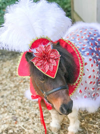 Rule Your Yule - Costume with Feathered Pointsettia Head Piece and Regal Christmas Cape for Mini Horse