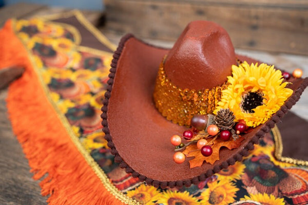 Turkey Tail Trail - Fancy Cowboy Set with Hat, Fringed Shawl and Tail Fascinator