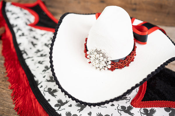 Cupids and Cowgirls - Valentine Cowboy Set with Hat, Fringed Shawl and Tail Fascinator