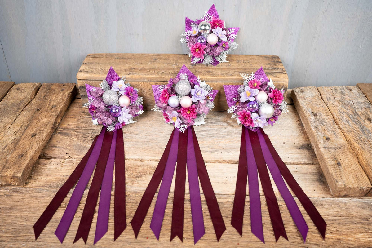 Merry in Magenta - Set of Four Christmas Fascinators with Flowers and Ribbons for Mini Horse