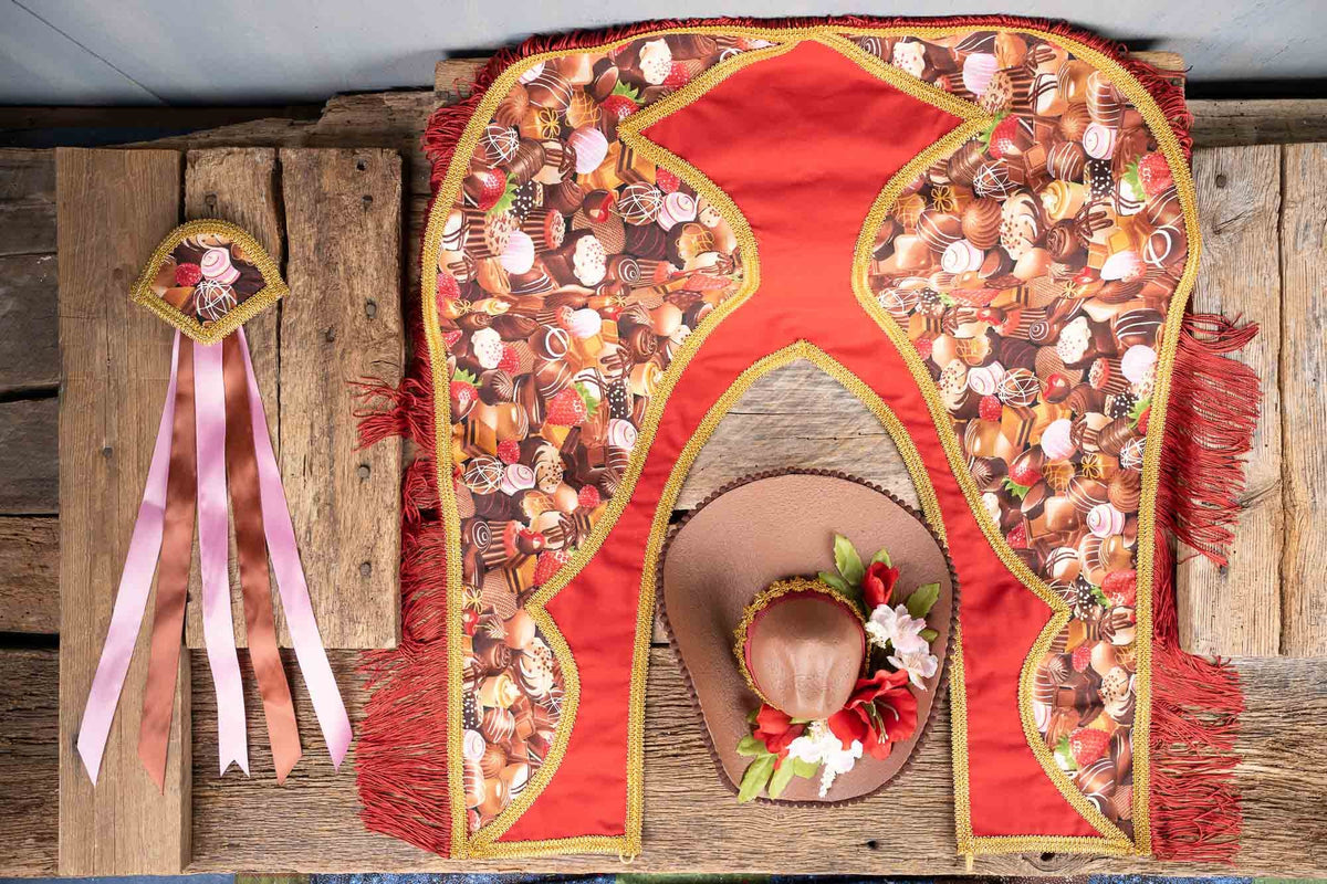 Bucking BonBons - Fancy Valentine Cowboy Set with Hat, Fringed Shawl and Tail Fascinator