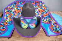 Rainbow Winged Rider - Fancy Cowboy Set with Hat, Fringed Shawl and Tail Fascinator