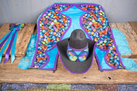Rainbow Winged Rider - Fancy Cowboy Set with Hat, Fringed Shawl and Tail Fascinator