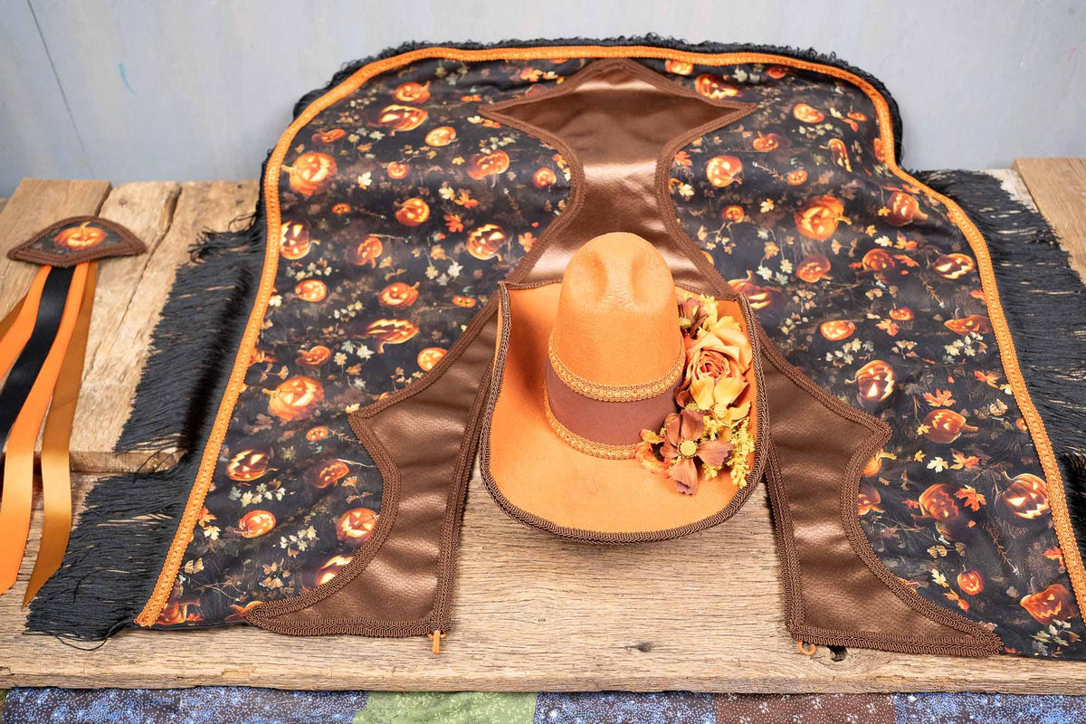Jack-O-Lantern Wrangler - Fancy Cowboy Set with Hat, Fringed Shawl and Tail Fascinator